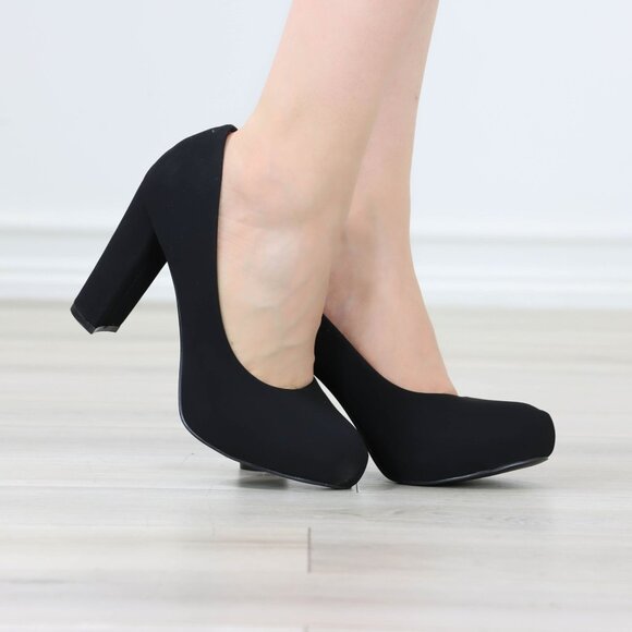 Classic Black Platform Block High Heels Slip On Round Toe Office Pumps Nubuck - Picture 3 of 12